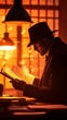 © Matthew - Mysterious man in a hat reading a book under warm light, with an urban backdrop and evening glow