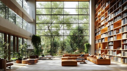 Wall Mural - Modern home library with large windows overlooking garden