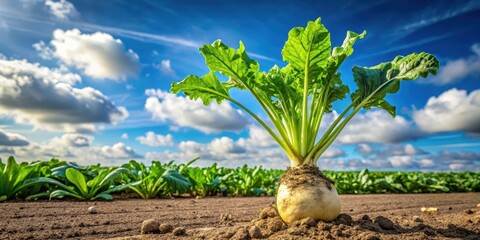 Wall Mural - Close-up of sugar beet growing in a field with leaves and roots visible, set against a bright blue sky with fluffy white clouds