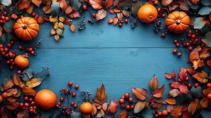 Wall Mural - thanksgiving autumn composition with pumpkins berries and leaves on light blue wooden background