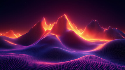 Wall Mural - abstract landscape with bright neon mountains illuminated with orange and pink lights under a starry