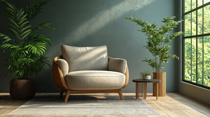 Wall Mural - Modern armchair, sunlit room, plants, city view