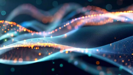 Fototapete - Colorful digital waves undulate with glowing particles against a dark background, creating a captivating visual of technological abstraction and motion.