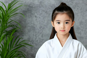 A young girl poses in a karate gi. Green plant and gray wall in background