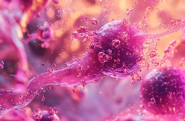 Poster - Microscopic Cellular Structures: Dynamic Interactions of Pink Liquid Cells in Motion
