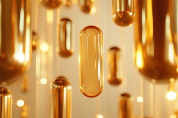 Poster - Golden Cylinders Float, Abstract Design,  Visual Art, Luxury, Elegance,  Amber,  Shimmering,  Reflection,  Illumination,  Abstract Background