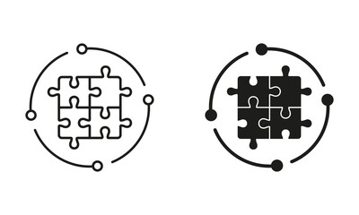 Poster - Puzzle, Jigsaw Solution Line and Silhouette Icon Set. Idea, Challenge Game, Teamwork Sign. Editable Stroke. Isolated Vector Illustration