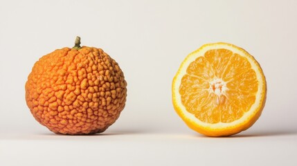 Wall Mural - Whole Orange Fruit and Freshly Sliced Citrus on a Clean White Background