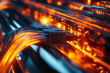 Poster - Data Cables Connect to Network Server;  Illuminated  System  with  Orange  Glowing  Lights, High-Speed Transfer.