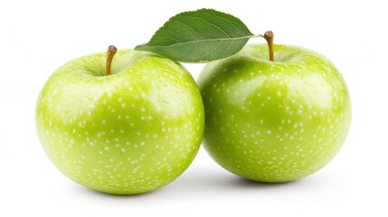 Wall Mural - Pair of Fresh Green Apples with Leaves on a White Background Perfect for Healthy Eating