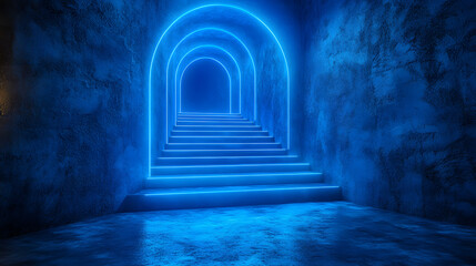 Poster - A mesmerizing blue-lit staircase leads into a mysterious archway, creating an enchanting and futuristic atmosphere