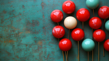 Poster - Colorful vintage pins in red and turquoise arranged on a textured teal background, creating a visually appealing design