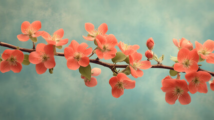 Poster - Vibrant coral flowers bloom on a delicate branch against a soft blue background, creating a serene and uplifting atmosphere