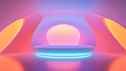 Poster - abstract neon shapes illuminate a futuristic platform, creating a vivid, dreamlike scene with glowin