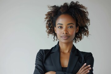 Wall Mural - Confident Black woman with curly hair, wearing a black blazer, arms crossed.