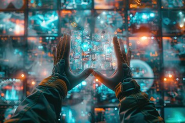 Poster - Person interacts with a futuristic holographic interface displaying data streams and multiple screens.
