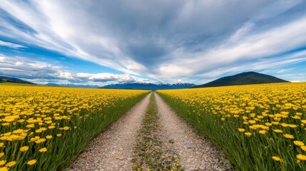 Wall Mural -  a dirt road winding through a field of bright yellow flowers, with mountains in the background and a cloudy sky above