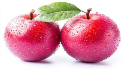 Wall Mural - Closeup of Two Fresh Red Apples with Water Droplets and a Leaf on a White Background