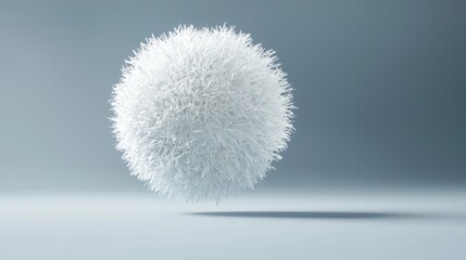Poster - A fluffy textured ball hovers gently in mid-air, surrounded by a tranquil environment. The soft fibers create a mesmerizing effect as light dances across its surface, inviting curiosity and wonder