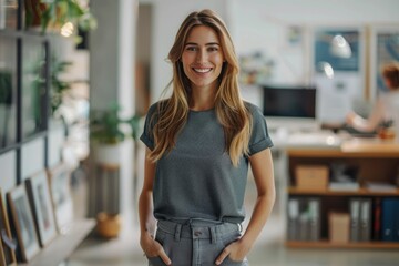 Wall Mural - A smiling young woman stands confidently in her modern office, hands in pockets.