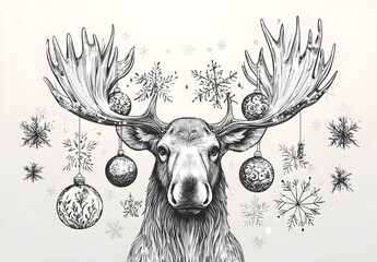 Wall Mural - A moose with large antlers adorned in Christmas ornaments, illustrated as an elegant black and white pen drawing. The background is a light gray color, creating contrast that highlights the 
