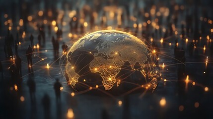 business icons interconnected with lines representing global networks