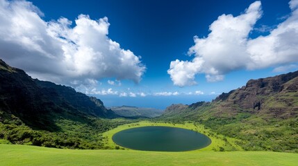 Wall Mural -  a large body of water surrounded by lush green grass and trees, with hills in the background and a sky filled with clouds