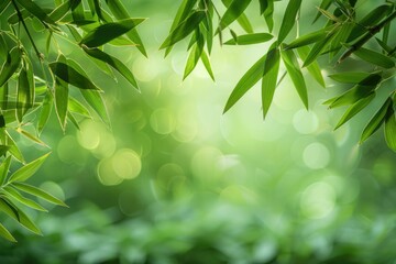 Wall Mural - lush green bamboo leaves frame a bokeh background, creating a serene and natural scene.