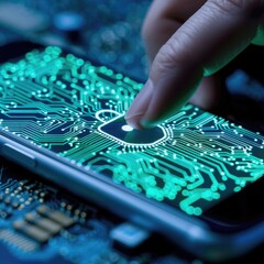Poster - Finger Touching a Microchip on a Smartphone with Circuit Board Background