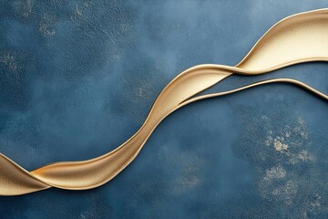 Poster - Flowing gold liquid waves gracefully move across a textured deep blue background, showcasing a minimalist Nordic seascape. Ethereal lighting enhances this ultra-luxury aesthetic