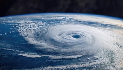 view of earth from space showing a massive swirling hurricane over the ocean, atmospheric phenomenon