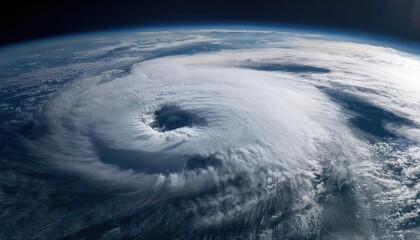 view of earth from space showing a massive swirling hurricane over the ocean, atmospheric phenomenon