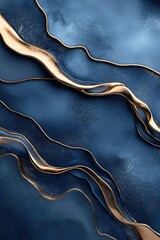 Poster - Deep blue velvet-textured background forms a serene seascape with flowing gold liquid waves. Ethereal lighting enhances the calm, ultra-luxury aesthetic, inviting contemplation