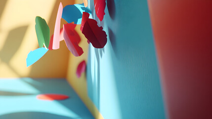 Poster - Dynamic paper cutouts in colorful setup studio art installation creative environment close-up perspective visual delight