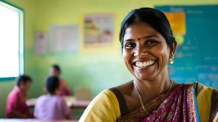 Aufkleber - Cheerful and Positive Indian Female Teacher Smiling While Teaching in Front of Blackboard in Classroom Setting at School or Educational Institution