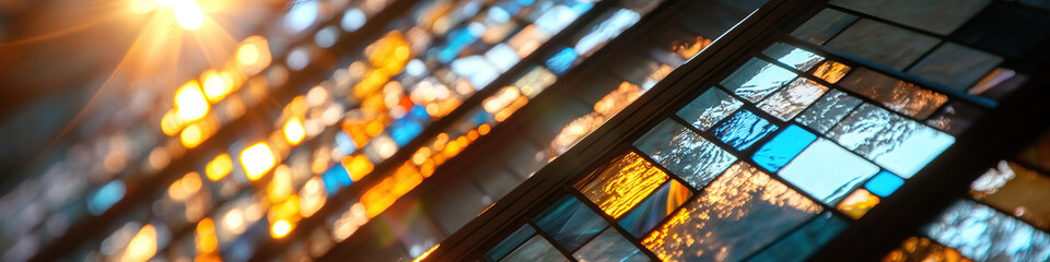 Poster - Stained Glass Window Detail: Blue, Orange, and Yellow Panes