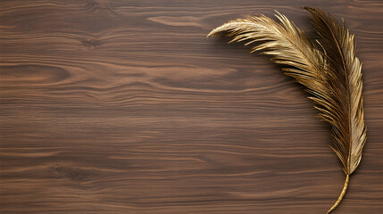 Wall Mural - Feather on wooden table, top view. Elegant, simple backdrop for invitation