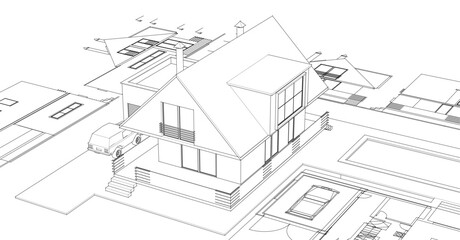 Poster - traditional residential architecture house sketch 3d illustration