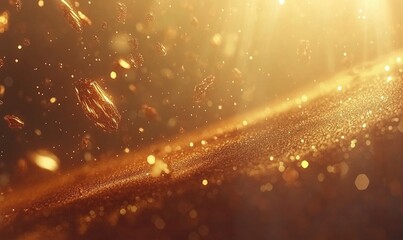 Wall Mural - Golden particles swirling and falling on textured surface with bright light rays