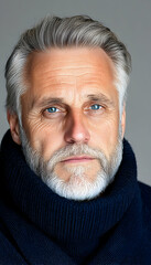 Wall Mural - Portrait of a man with blue eyes wearing a scarf against a neutral background