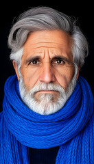 Wall Mural - Portrait of older man with gray hair and beard wearing blue scarf on black background