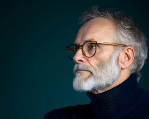 Wall Mural - Senior man in glasses looking left, contemplative expression on neutral background