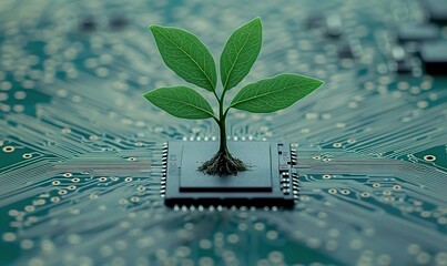Fototapete - Green plant growing on computer chip, symbolizing green technology and sustainable innovation
