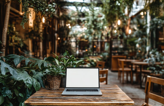 Mockup, laptop blank screen on wood table with coffee cafe background, template for your text advertisement