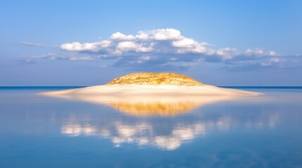 Wall Mural -  a small island in the middle of the ocean, surrounded by a vast expanse of blue water The island is covered in sand and the sky is filled with white, fluffy clouds