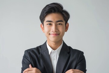 Wall Mural - A young Asian man in a black suit smiles confidently, arms crossed.