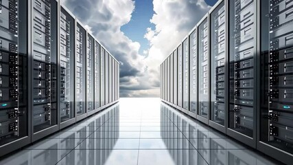 Poster - Rows of sleek servers stand tall in a modern data center, bathed in natural light from a sky filled with clouds, showcasing advanced technology and efficiency.