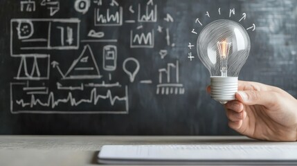Poster - Light Bulb in Hand with Black Chalkboard Diagram Background