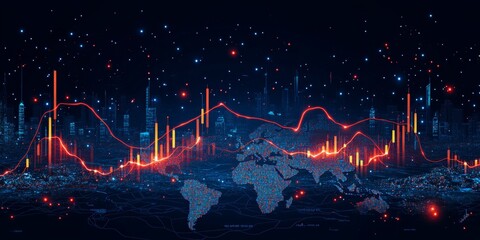 Poster - Global Stock Market Trends, Financial Data Visualization with Candlestick Chart and World Map