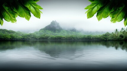 Wall Mural -  a tranquil lake surrounded by lush green trees and mountains in the background The lake is still and peaceful, reflecting the trees, mountains, and sky above The